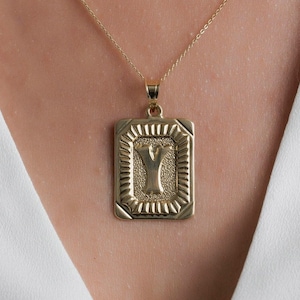 Collar con inicial retro de oro macizo de 14 k para mujer, collar con placa con inicial, colgante con inicial de oro de 14 k, regalo para ella