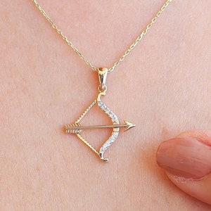 Naszyjnik z diamentami i znakiem zodiaku Strzelec, 14-karatowy złoty naszyjnik ze strzałą i łukiem, biżuteria z horoskopem, prezent urodzinowy na grudzień lub listopad