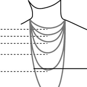 May include: Diagram showing different necklace lengths from 14 inches to 24 inches. The necklace lengths are marked with dashed lines and the numbers are in inches.