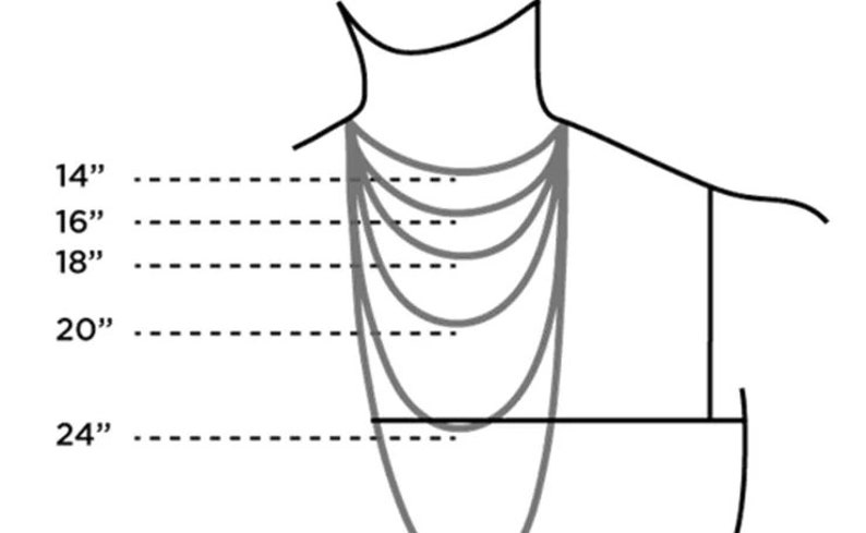 May include: Diagram showing different necklace lengths from 14 inches to 24 inches. The necklace lengths are marked with dashed lines and the numbers are in inches.