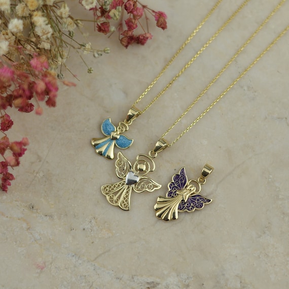 Unique Lace Detail Guardian Angel Necklace , Dainty 14k Solid Gold Angel Wings Necklace , Protection Charm , Angels Pendant , Layering Chain