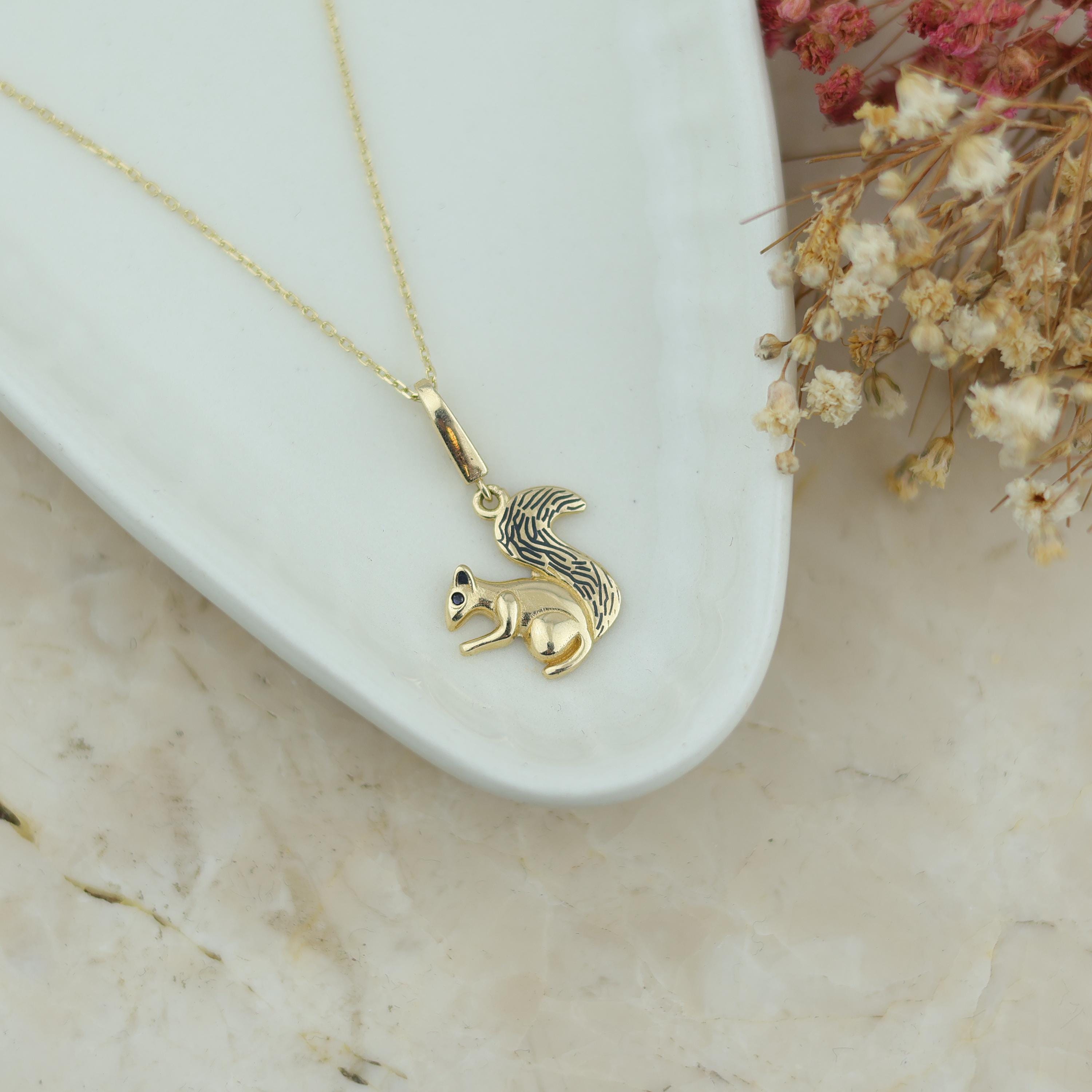Cute Squirrel Charm , 14k Solid Gold Squirrel Necklace for Womens