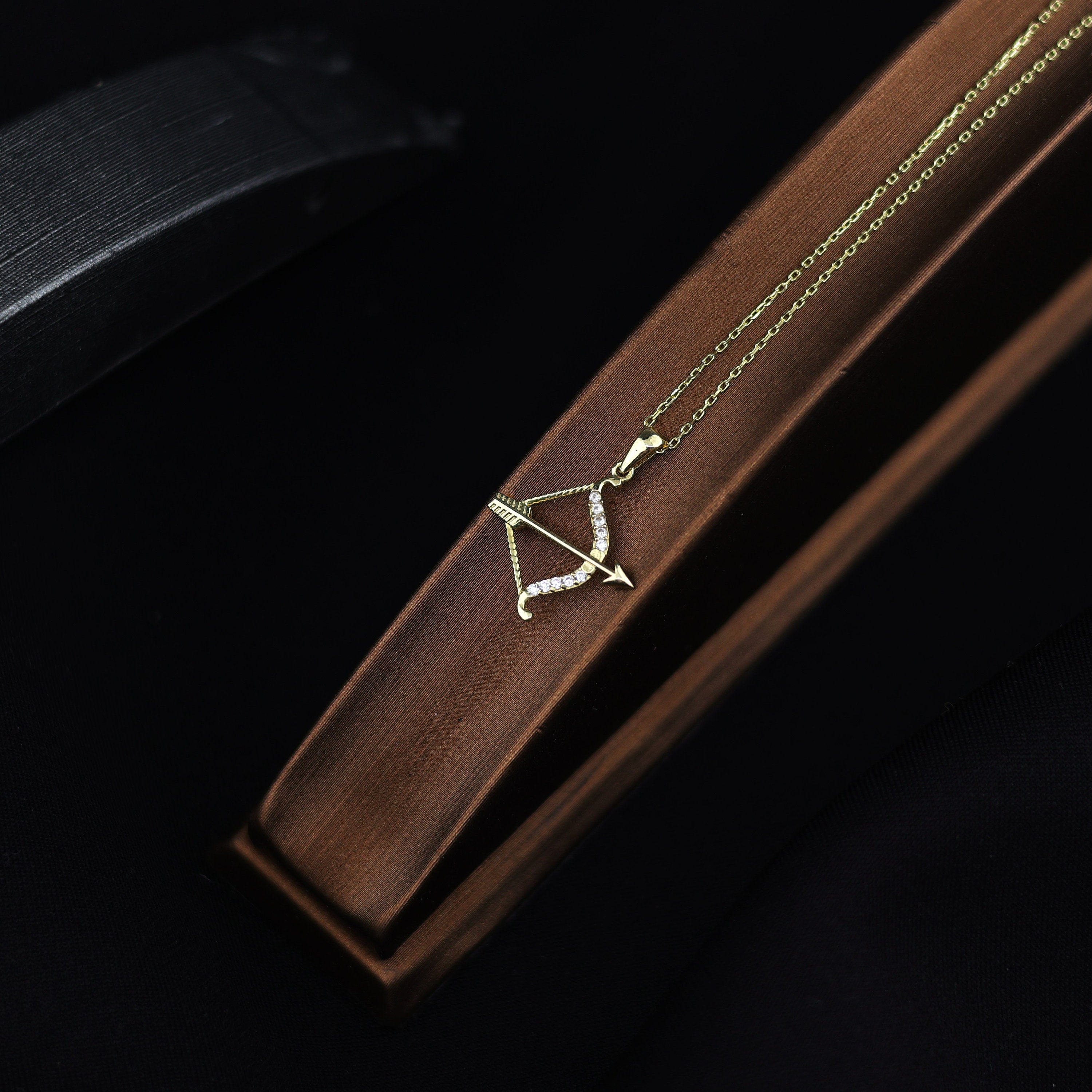 Cz Diamond Sagittarius Zodiac Sign Necklace , 14k Solid Gold Arrow Archery Necklace , Horoscope Jewelry , December or November Birthday Gift