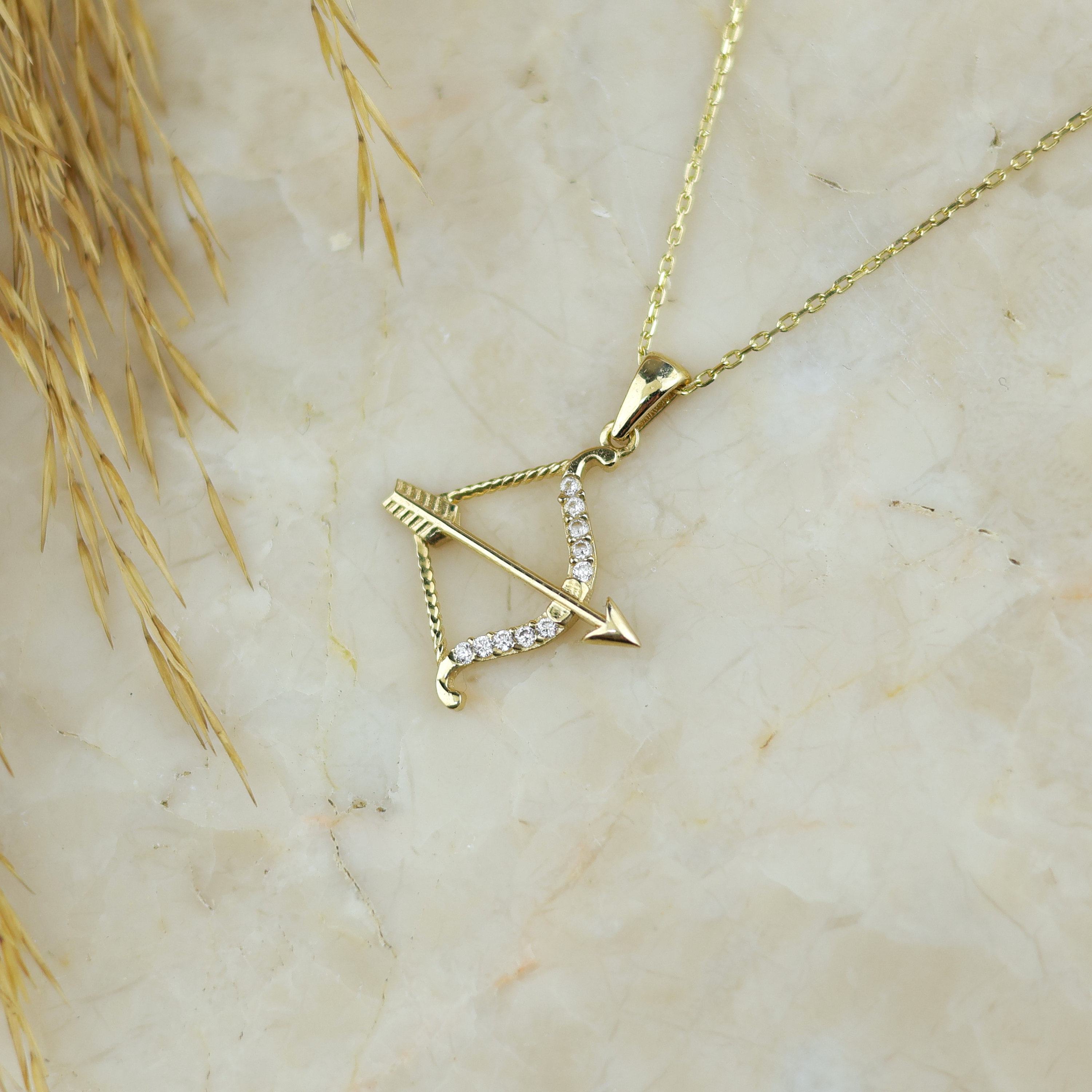 Cz Diamond Sagittarius Zodiac Sign Necklace , 14k Solid Gold Arrow Archery Necklace , Horoscope Jewelry , December or November Birthday Gift