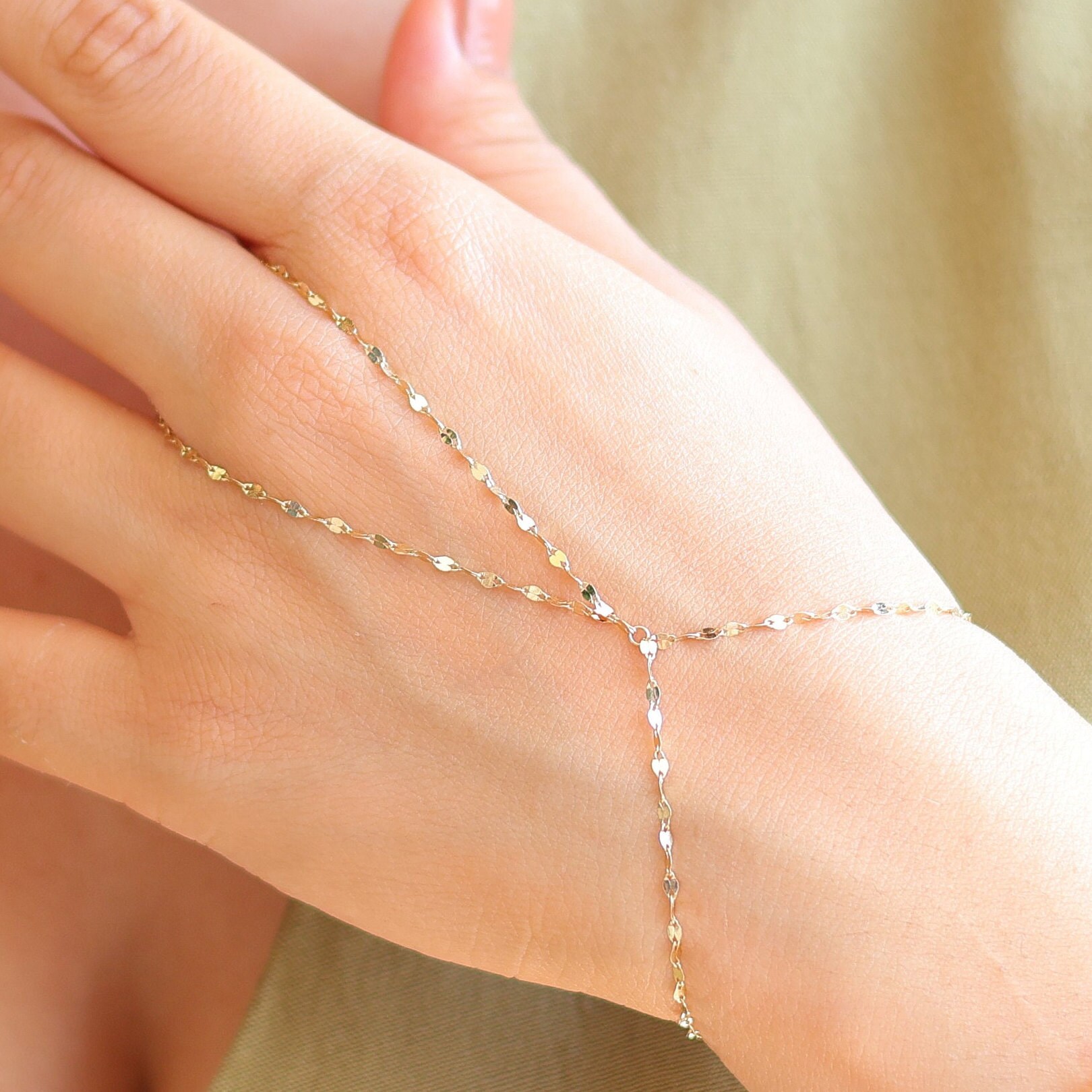Handlet Chain 14K Solid Gold Mirror Chain Hand Bracelet , 14k Chain Slave Bracelet ...