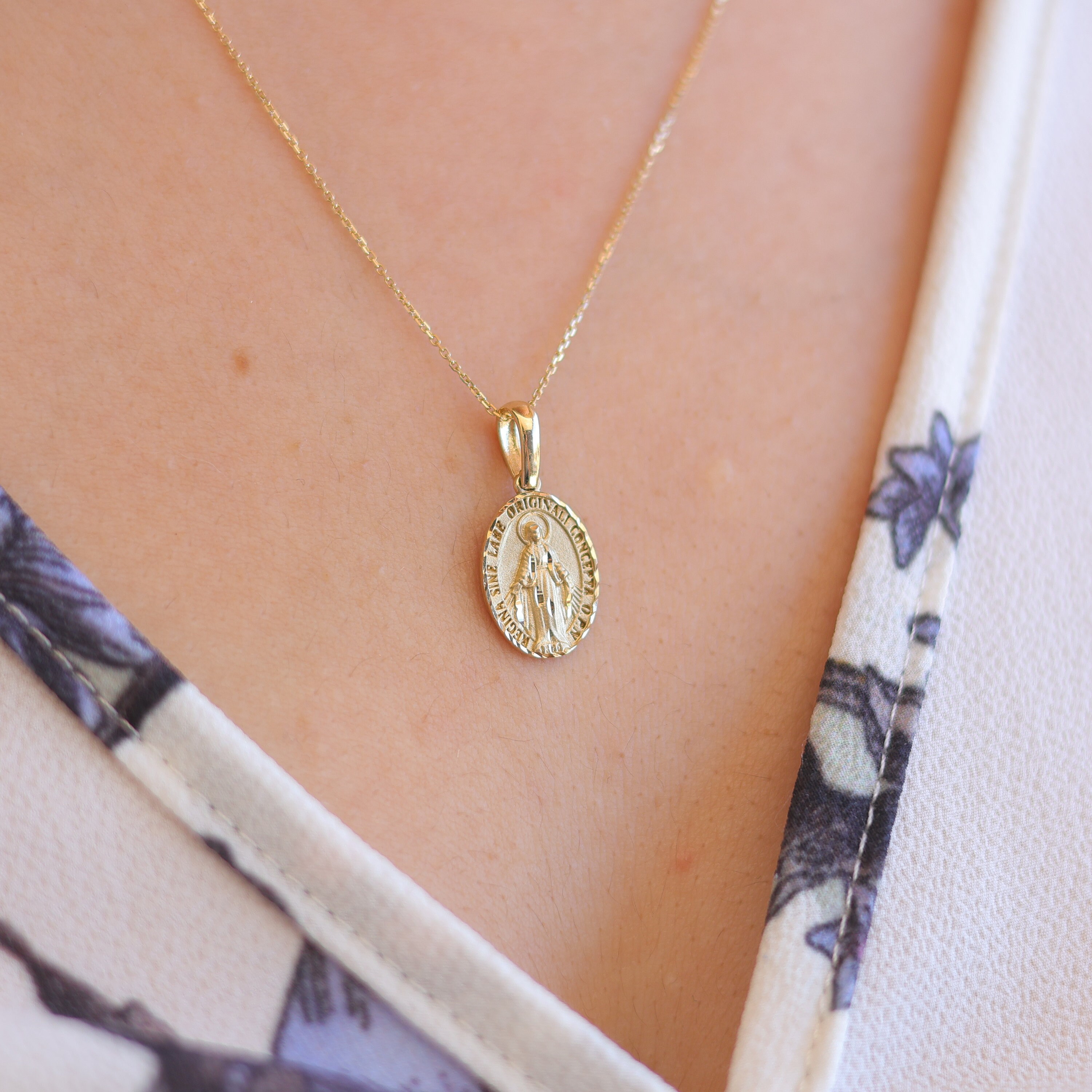 Guardian 14k Solid Gold Virgin Mary Medallion Necklace , Miraculous ...