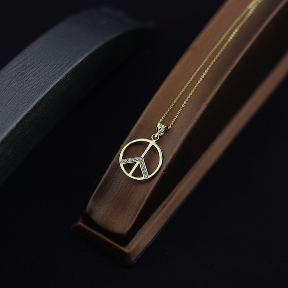 14k Solid Gold Peace Sign Necklace For Men and Women , Peace Symbol Charm Pendant , Gold Choker Necklace , Personalized Gift Jewelry For Him