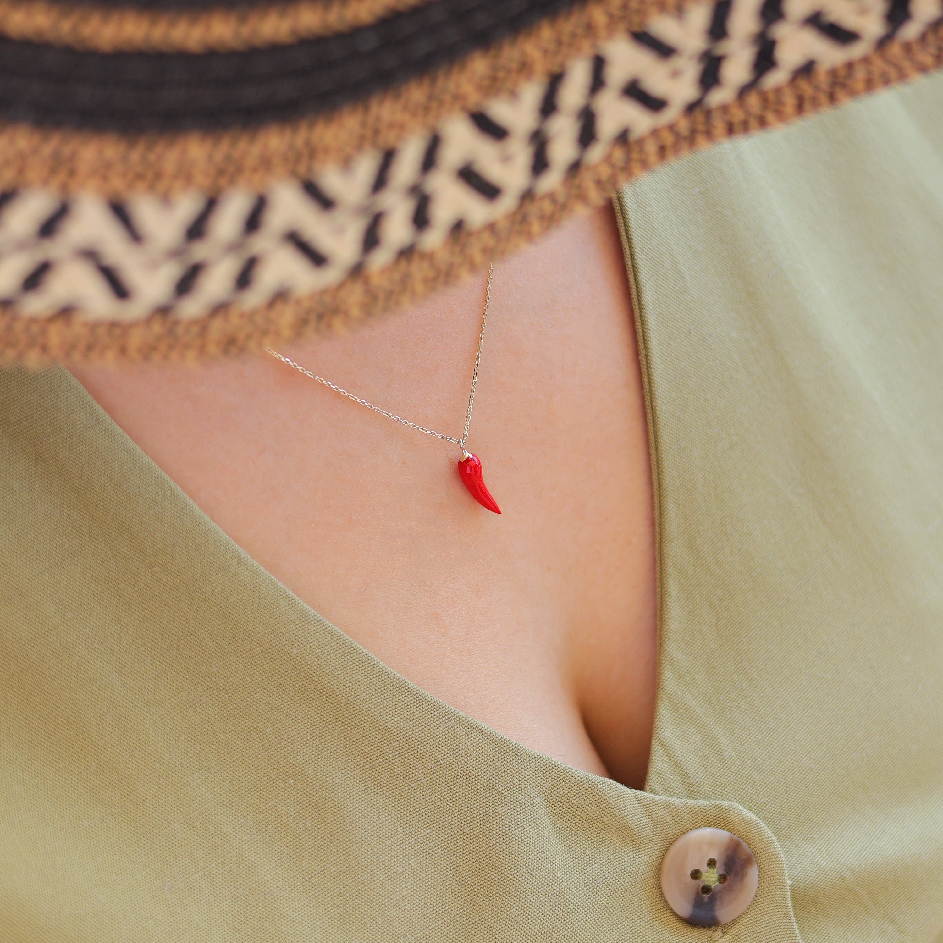 Red Hot Chili Pepper Necklace , 14k Solid Gold Red Paprica