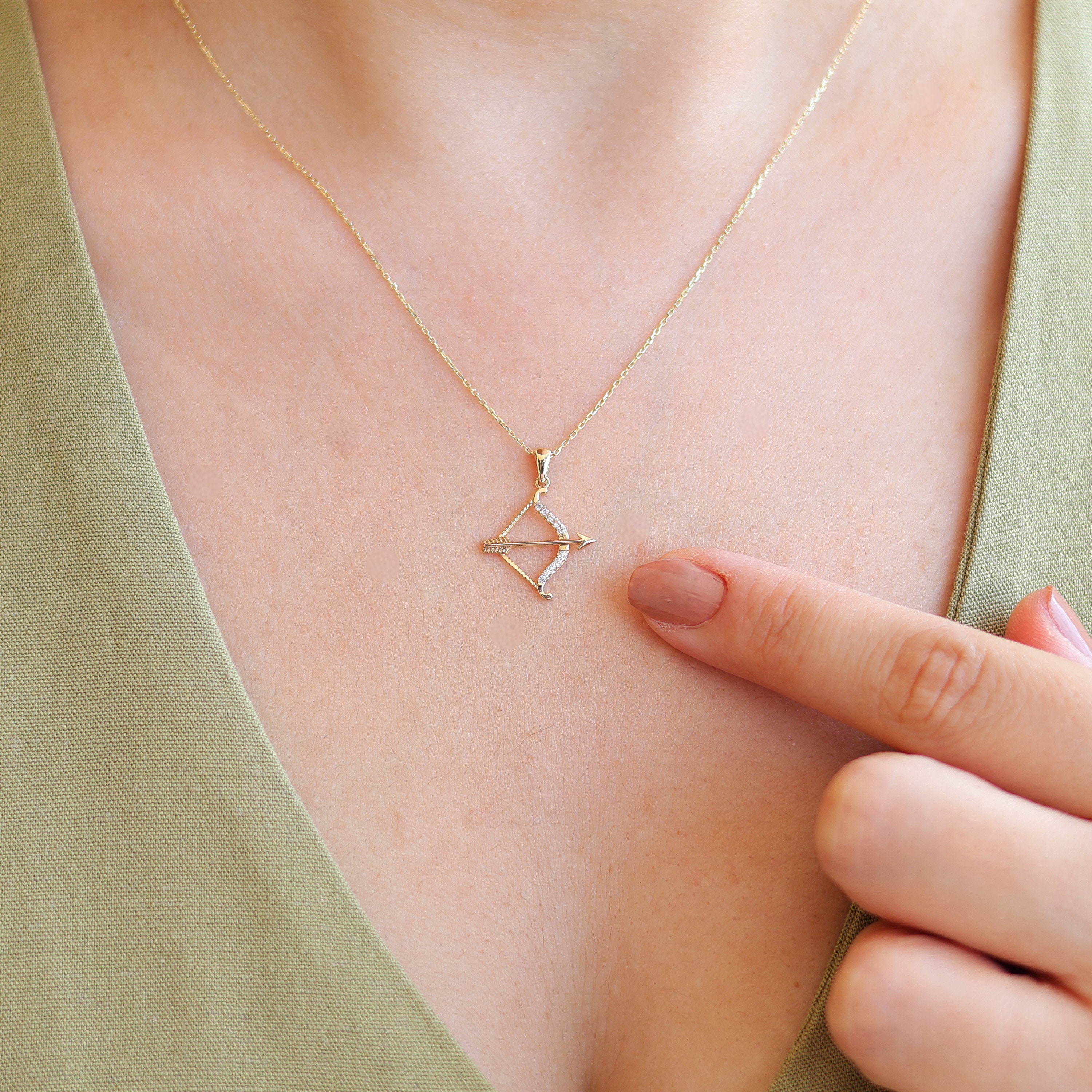 Cz Diamond Sagittarius Zodiac Sign Necklace , 14k Solid Gold Arrow Archery Necklace , Horoscope Jewelry , December or November Birthday Gift