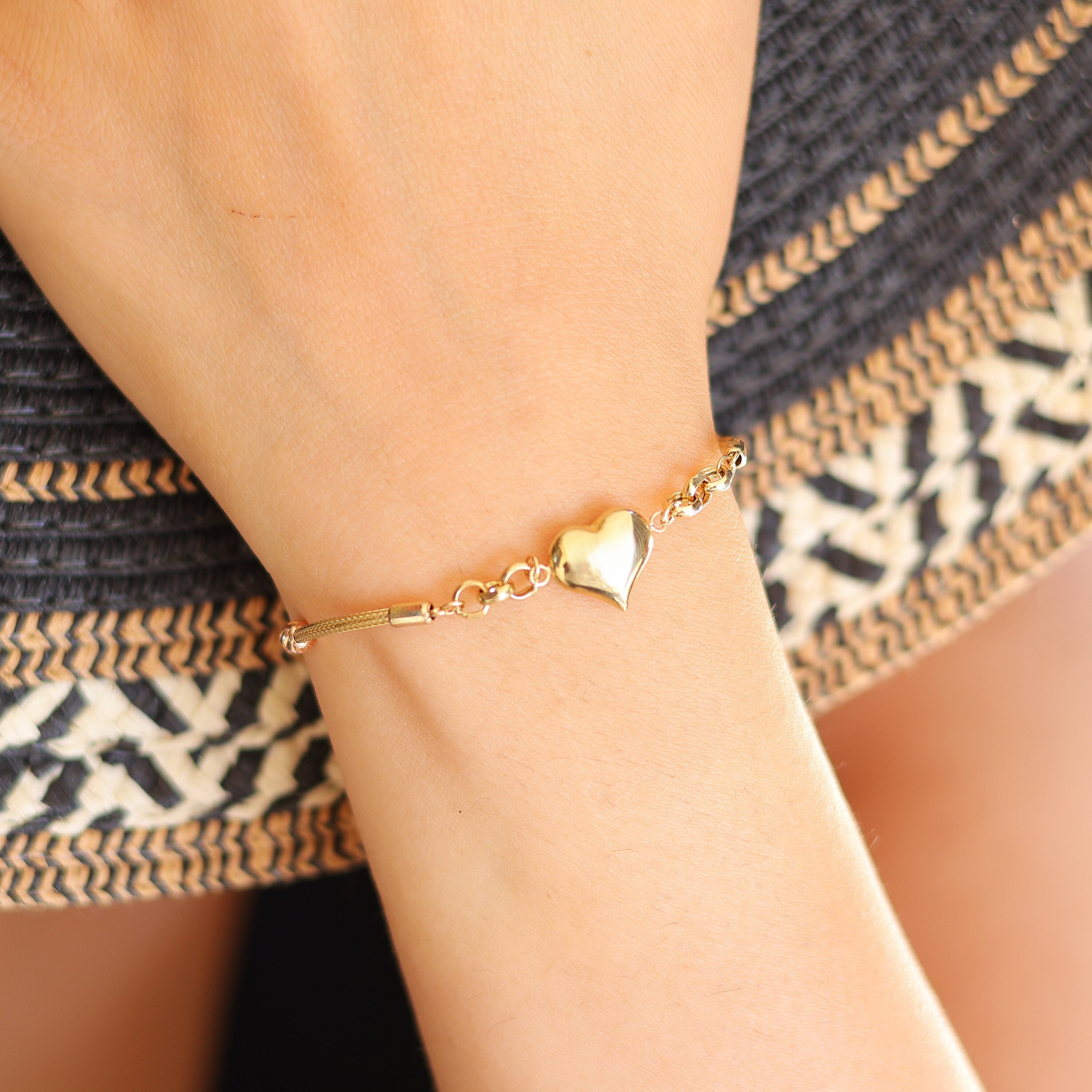 14k Solid Gold Puffy Heart Charm Bracelet With Tricolor 