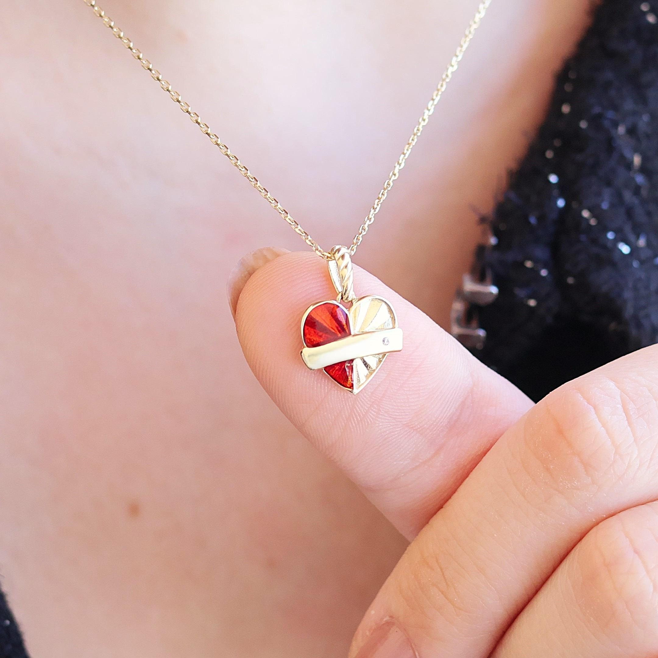 Handmade 14k Solid Gold Red Heart Enamel Necklace For Womens , Gold Heart Charm , Romantic Jewelry Gift For Girlfriend , Love Symbol Pendant