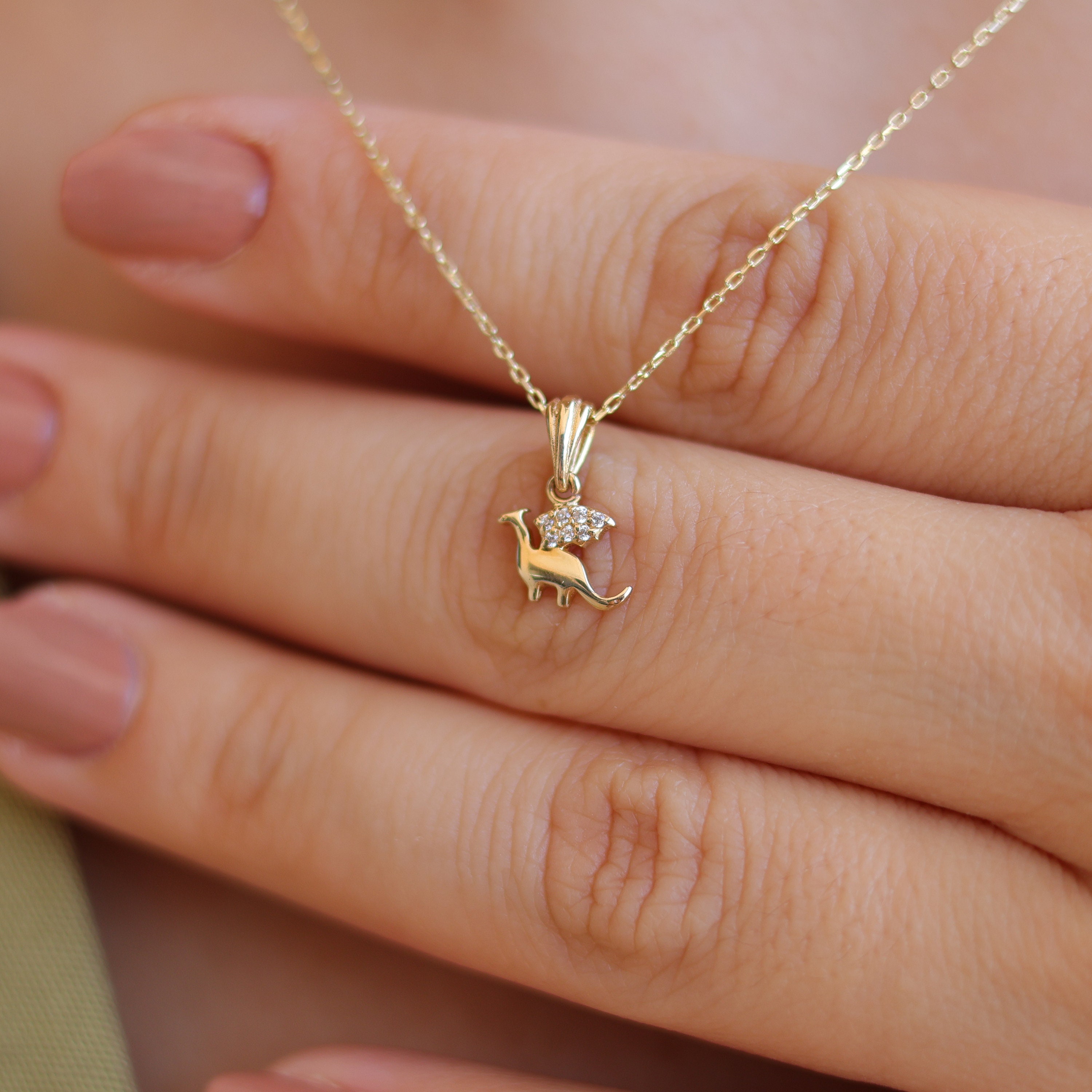 Minimalist Gold Baby Dragon Charm Necklace , 14k Solid Gold 