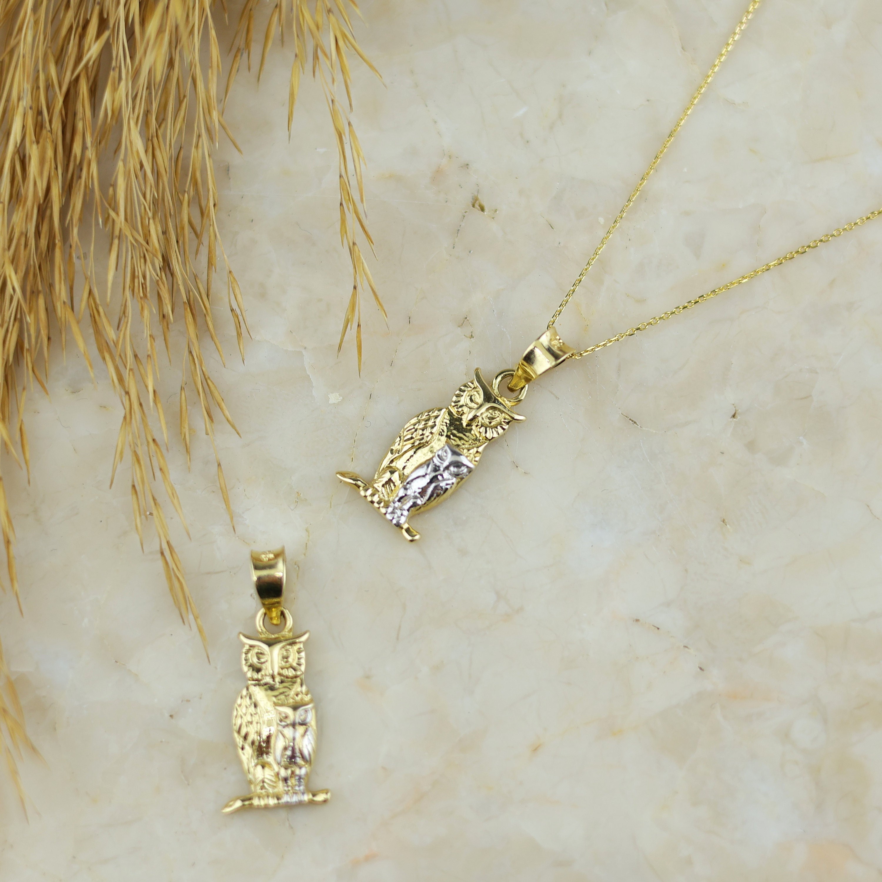 Handmade 14k Solid Gold Night Owl Necklace for Her , Minimalist Animal Yellow White Gold Owl Pendant