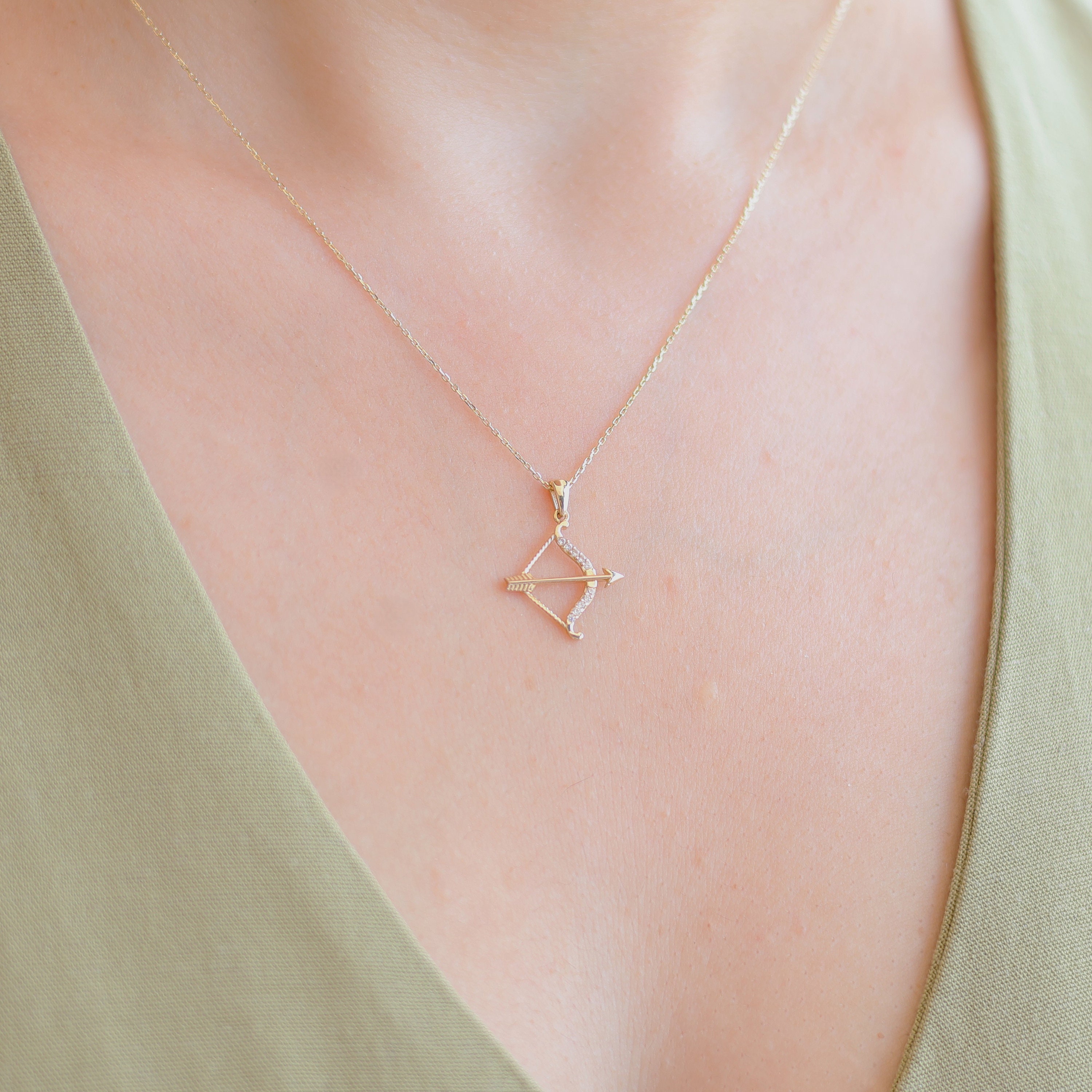 Cz Diamond Sagittarius Zodiac Sign Necklace , 14k Solid Gold Arrow Archery Necklace , Horoscope Jewelry , December or November Birthday Gift