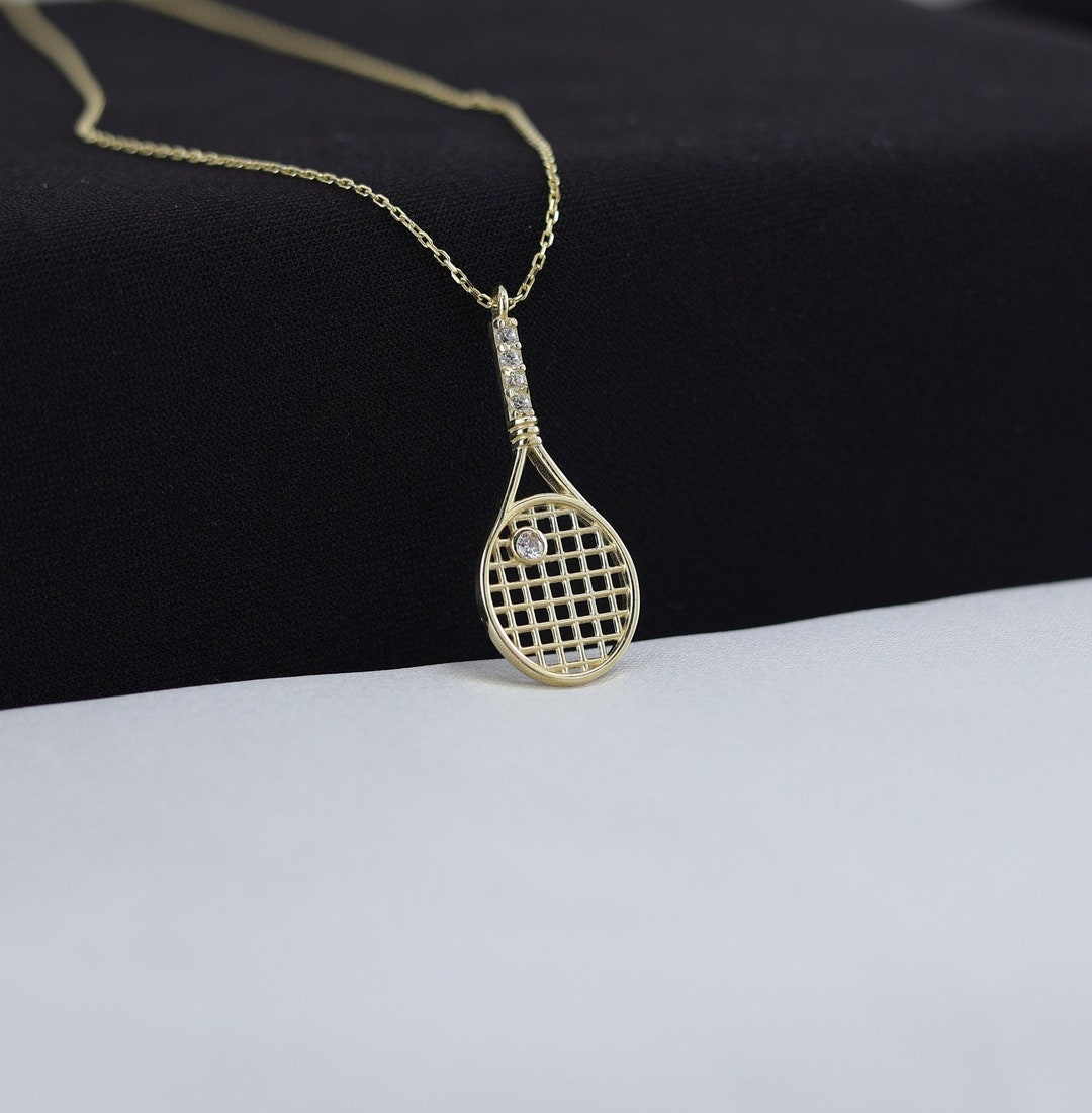 Handmade 14k Solid Gold Tennis Racket Charm Necklace , Dainty Tennis ...