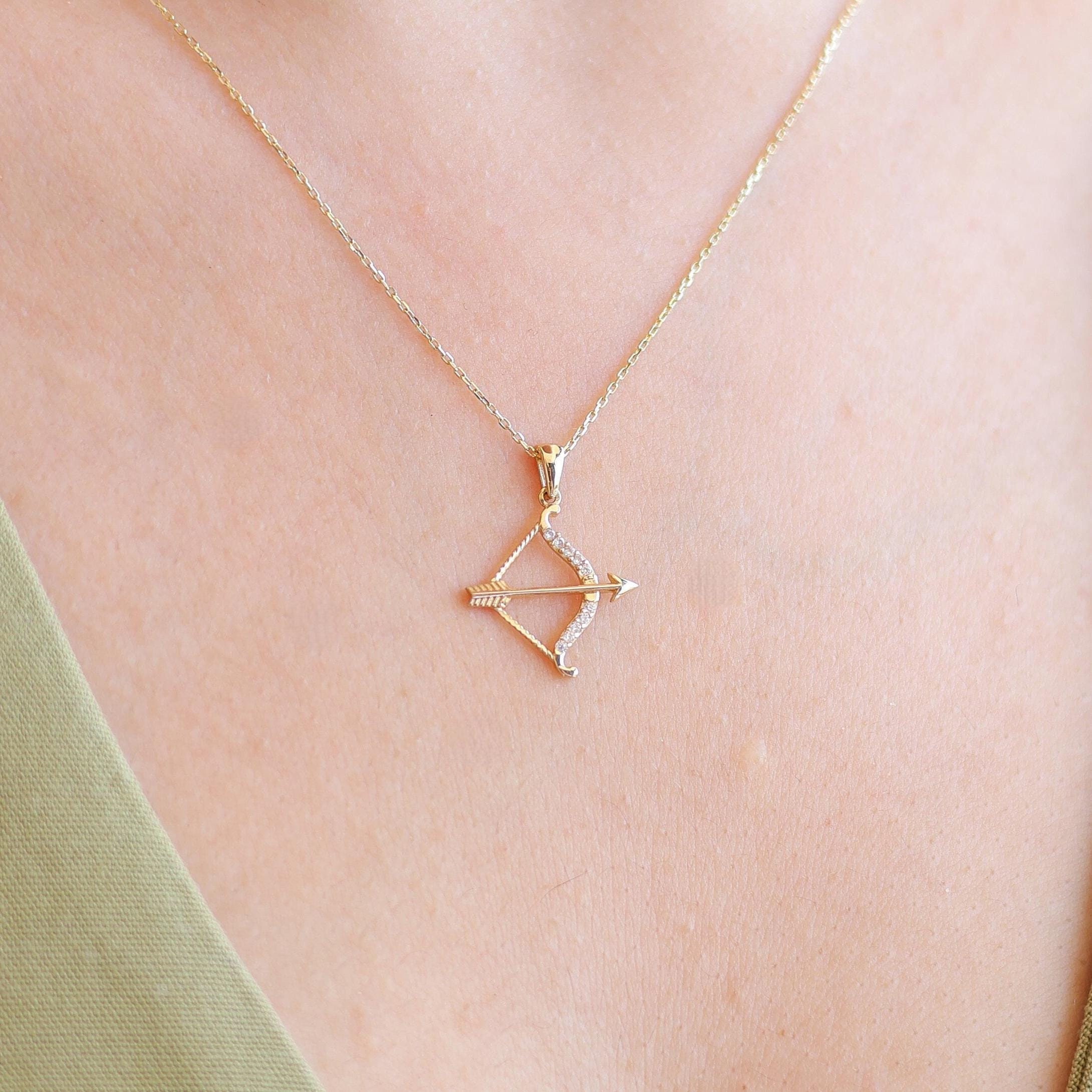 Cz Diamond Sagittarius Zodiac Sign Necklace , 14k Solid Gold Arrow Archery Necklace , Horoscope Jewelry , December or November Birthday Gift