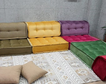 Corner floor sofa, Velvet French Cushion, Colorful sofas, Living room furniture, Country pillow,  Custom size couch, Velvet sofa, Floor sofa