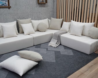 White floor sofa, 12' custom size floor sofa, white floor couch, L-Shaped Modular Floor Sofa, Washable cover arabic majlis seating