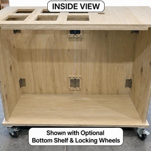 May include: A light-colored plywood cabinet featuring an open front, metal hinges, and a top surface with six square cutouts. The unit includes locking wheels and a bottom shelf, with text labels reading INSIDE VIEW and Shown with Optional Bottom Shelf & Locking Wheels.