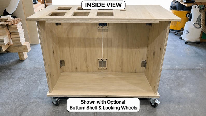 May include: A light-colored plywood cabinet featuring an open front, metal hinges, and a top surface with six square cutouts. The unit includes locking wheels and a bottom shelf, with text labels reading INSIDE VIEW and Shown with Optional Bottom Shelf & Locking Wheels.