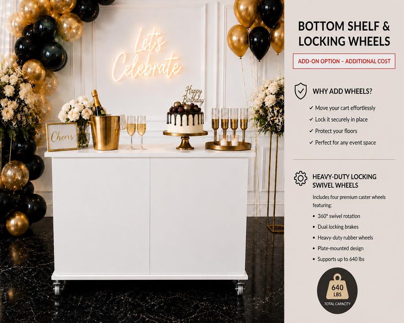 May include: A white rectangular serving cart with two doors and four heavy-duty locking swivel wheels. The text on the right side reads: BOTTOM SHELF & LOCKING WHEELS, ADD-ON OPTION, WHY ADD WHEELS, HEAVY-DUTY LOCKING SWIVEL WHEELS, and 640 LBS TOTAL CAPACITY.