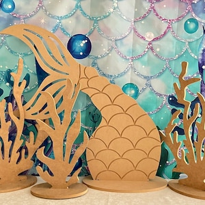 Set of Wooden Mermaid tail and Seaweed, Mermaid party prop, Under the sea party, Under the water, little mermaid decorations, Seaweed, coral