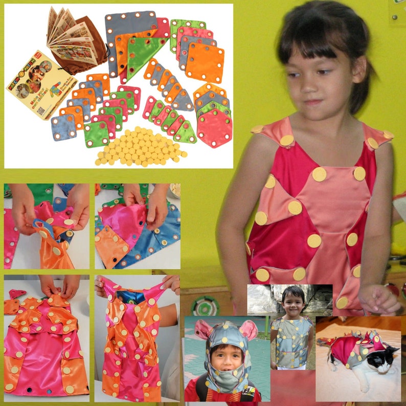 May include: A colorful children's construction set with various geometric shapes, including squares and triangles, in shades of green, orange, and blue. The set includes yellow connecting pieces and a booklet. A child is wearing a pink and red dress with yellow circular accents.