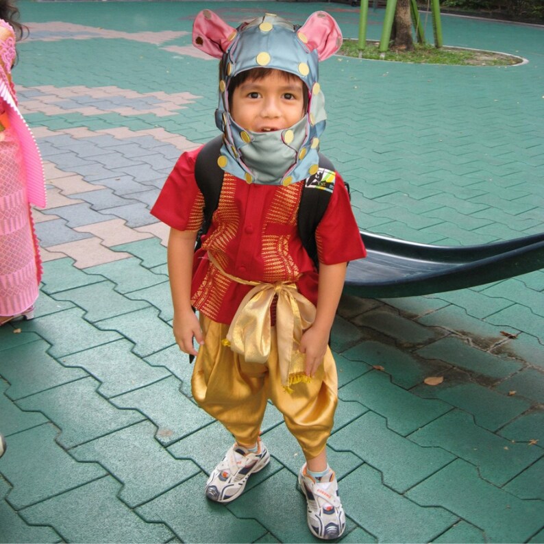May include: A child wearing a red shirt with gold accents, gold pants, and a blue hat with pink ears. The child is also wearing a backpack and white sneakers with blue accents. The outfit appears to be a costume.