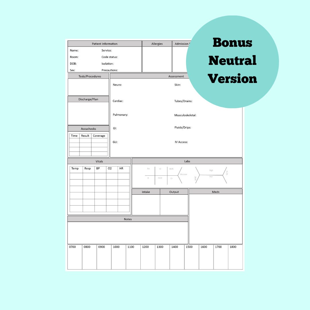 Nurse Report Sheet With Hourly Rounding, ICU Nurse Report Sheet, Med ...
