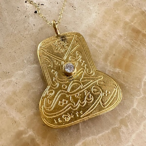 Mevlevi Talisman Necklace – Handmade Gold-Plated Brass Pendant | Sufi Whirling Dervish Coin with Zircon Stone | Spiritual Jewelry Gift