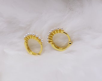 Chic Gold Gear Pearl Hoop Earrings - Small Stylish Huggies, Multi Pearls - Everyday Jewelry Gift