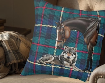Luxury Equestrian Horse & Wolf Throw Pillow – Rustic Farmhouse Home Décor • English Countryside Style Cushion - Vintage Equestrian