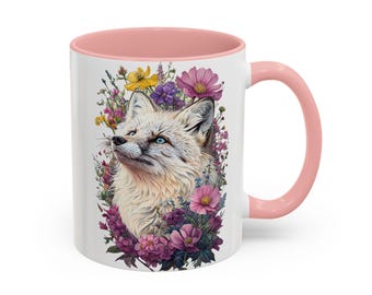 Koffiemok vos, kopje bloemen dierenprint, theekop natuurliefhebber, rustiek keukendecor, keramische mok, bosvos, wilde bloemen, kerstcadeau