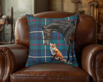 Luxury Equestrian Horse & Fox Throw Pillow | Vintage Horse-Fox Home Decor | Elegant Horse Lover Accent Cushion
