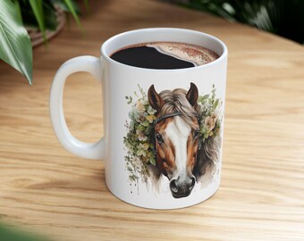 Tazza da caffè equestre, tazza con cavallo, tazza con cavallo floreale, tazza con cavallo equino, regalo di Natale, tazza in ceramica con disegno floreale di cavallo, regalo per gli amanti dei cavalli