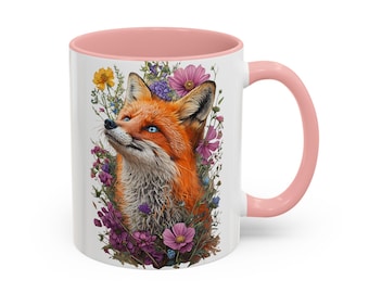 Koffiemok vos, kopje bloemen dierenprint, theekop natuurliefhebber, rustiek keukendecor, keramische mok, bosvos, wilde bloemen, kerstcadeau