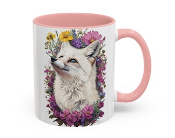 Koffiemok vos, kopje bloemen dierenprint, theekop natuurliefhebber, rustiek keukendecor, keramische mok, bosvos, wilde bloemen, kerstcadeau