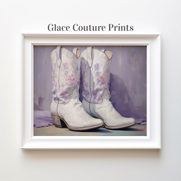 Cream Cowgirl Boot Painting Print Western Aesthetic Printable Art Country Dorm Room Poster Lilac Boho Wall Art Instant Digital Download Gift