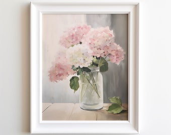 May include: A painting of a bouquet of pink and white hydrangeas in a clear glass jar on a wooden table. The background is a light gray wall.