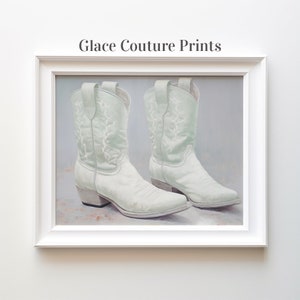 Pale Green Cowgirl Boot Painting Print Western Aesthetic Printable Art, Country Dorm Room Poster Boho Wall Art Instant Digital Download Gift