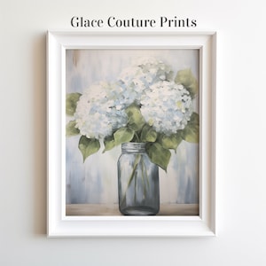 Peinture hortensia bleu clair dans un bocal bleu | Oeuvre d'art floral de ferme imprimable | Décoration d'intérieur rustique apaisante | Cadeau en téléchargement numérique