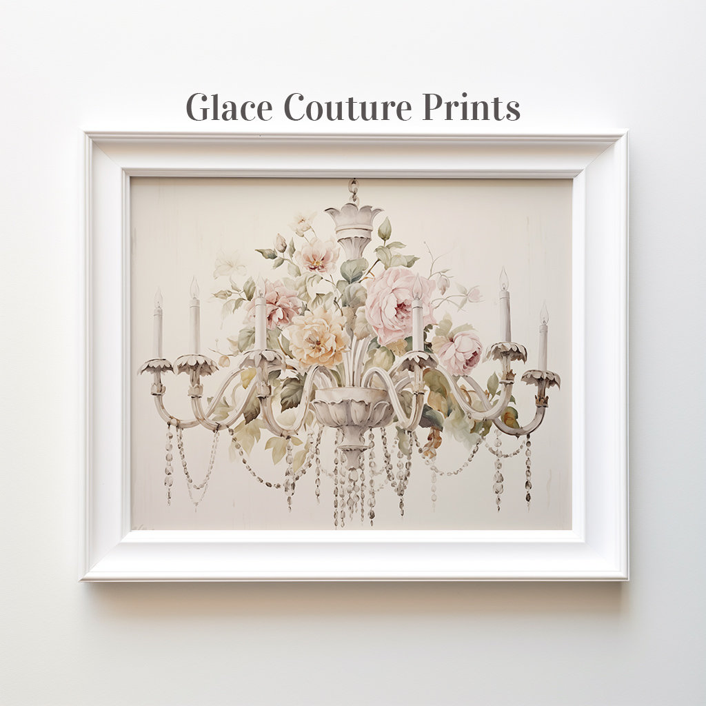 Chandelier Art Print with Muted Flowers | Digital Download | Printable Wall Art |