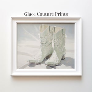 Mint Green Cowgirl Boot Painting Print Western Aesthetic Printable Art, Country Dorm Room Poster Boho Wall Art Instant Digital Download Gift