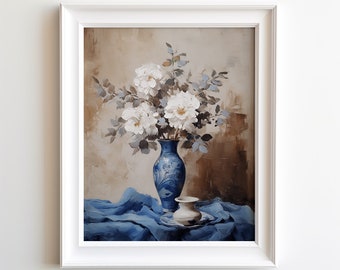 White Blooms in Blue Vase Still Life | Digital Download | Printable Wall Art |