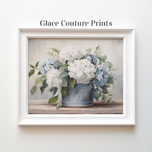 Tableau fleur bleu et blanc imprimé hortensias | Oeuvre d'art floral de ferme imprimable | Décoration d'intérieur rustique apaisante | Cadeau en téléchargement numérique