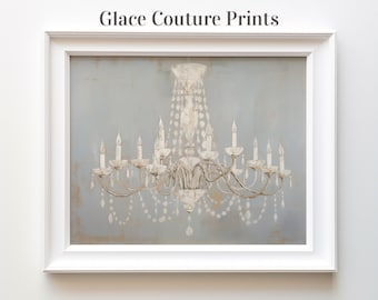 White Chandelier Art Print on Dusty Blue | Digital Download | Printable Wall Art |