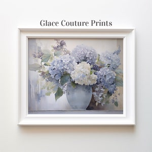 Peinture d'hortensia bleu dans un vase | Oeuvre d'art floral de ferme imprimable | Décoration d'intérieur apaisante | Cadeau en téléchargement numérique