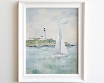 Lighthouse with Sailboat Seascape | Digital Download | Printable Wall Art |