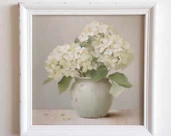 May include: A framed print of a white hydrangea bouquet in a light green vase. The print has a vintage aesthetic and is perfect for a farmhouse or cottage style home.