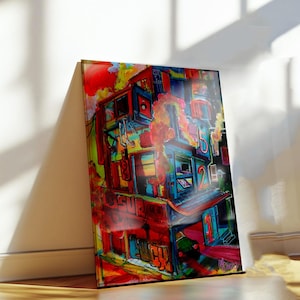 Bright Colorful Acrylic Painting – Dystopian Future Cityscape Wall Art – Vibrant Urban Sci-Fi Building – Original Acrylic Canvas Painting